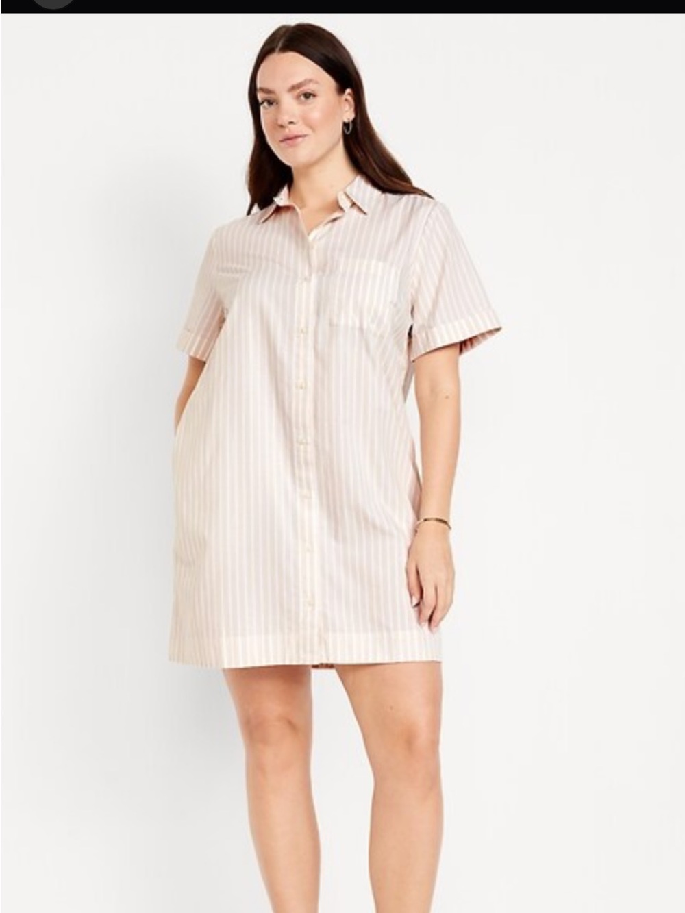 Old Navy Cream and Lt Tan Striped Short-Sleeve Shirt Dress